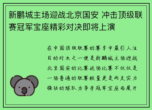 新鹏城主场迎战北京国安 冲击顶级联赛冠军宝座精彩对决即将上演