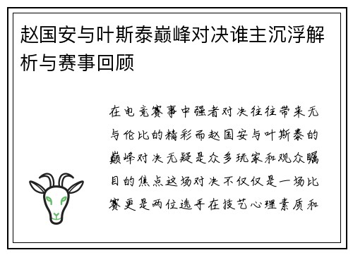 赵国安与叶斯泰巅峰对决谁主沉浮解析与赛事回顾